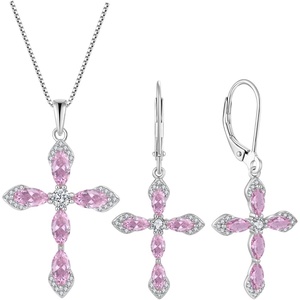 image:imageCross Necklace and Earrings 925 Sterling Silver Pink Tourmaline Jewelry Set Gemstone Crucifix Religious Pendant Dangle Earrings October Birthstone Jewelry for Mom Wife