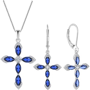 image:imageCross Necklace and Earrings 925 Sterling Silver Sapphire Jewelry Set Gemstone Crucifix Religious Pendant Dangle Earrings September Birthstone Jewelry for Mom Wife