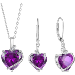 image:imageAmethyst Jewelry Set Silver Tone Heart Shaped February Birthstone Pendant Necklace Dangle Drop Earrings for Women