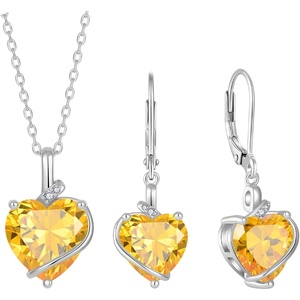 image:imageCitrine Jewelry Set Silver Tone Heart Shaped November Birthstone Pendant Necklace Dangle Drop Earrings for Women