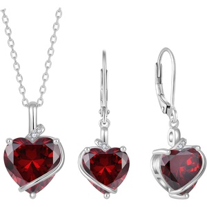 image:imageGarnet Jewelry Set Silver Tone Heart Shaped January Birthstone Pendant Necklace Dangle Drop Earrings for Women
