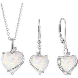image:imageOpal Jewelry Set Silver Tone Heart Shaped October Birthstone Pendant Necklace Dangle Drop Earrings for Women