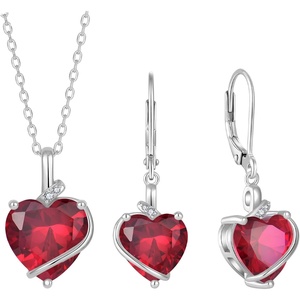 image:imageRuby Jewelry Set Silver Tone Heart Shaped July Birthstone Pendant Necklace Dangle Drop Earrings for Women